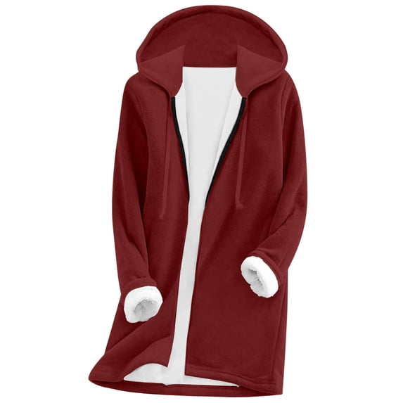 Enjoytime Winter Jackets for Women Solid Color Full Zipper Hooded Jacket Fall Thickened Warm Casual Outerwear Fashion Clothes Wine XXL