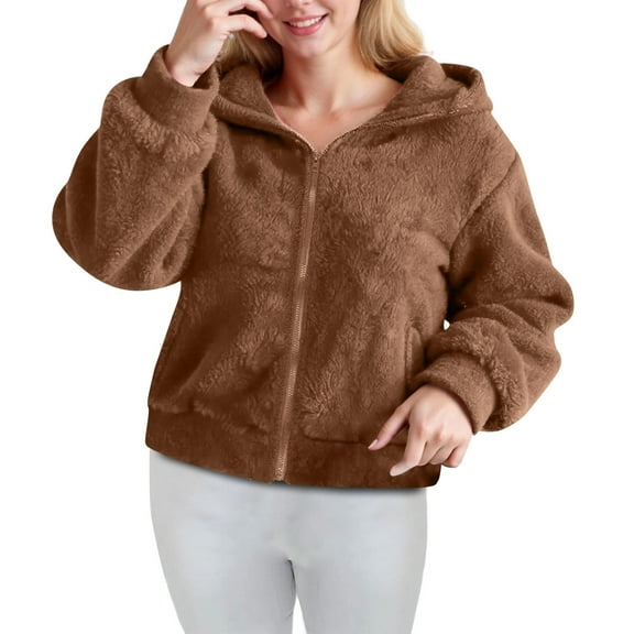 Enjoytime Winter Jackets for Women Solid Color Long Sleeve Hooded Zip Up Coat Fall Warm Casual Outerwear with Pockets