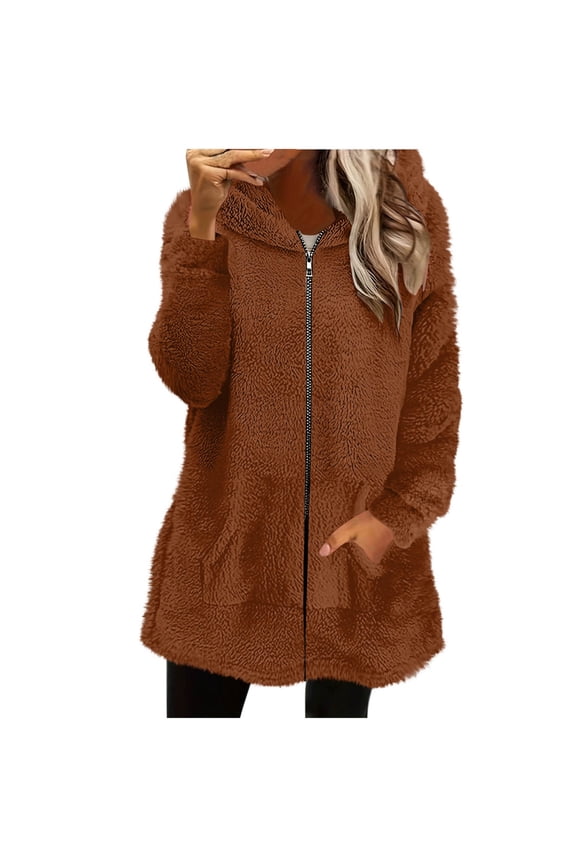 Winter Jackets for Women Solid Color Long Sleeve Hooded Zipper Outerwear Fashion Warm Thick Casual Fall Coat Brown XXL