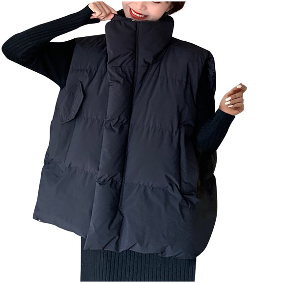 Enjoytime Winter Jackets for Women Solid Color Sleeveless Zip Up Waistcoat Fall Warm Soft Loose Casual Outerwear Black M
