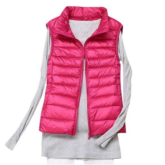 Enjoytime Winter Jackets for Women Solid Color Sleeveless Zip Up Waistcoat Lightweight Casual Outerwear Plus Size Womens Clothing Hot Pink S
