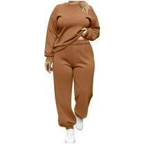 Enjoytime Winter Outfits for Women 2025 Solid Color Round Neck Long Sleeve Pullover Sweatshirt Sweatpants Plus Size 2 Piece Sets Casual Loose Sweat Suit Brown L