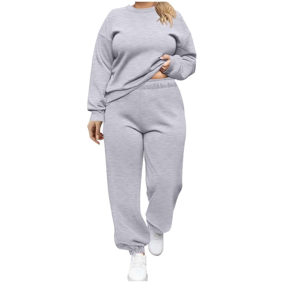 Enjoytime Winter Outfits for Women 2025 Solid Color Round Neck Long Sleeve Pullover Sweatshirt Sweatpants Plus Size 2 Piece Sets Casual Loose Sweat Suit Gray L