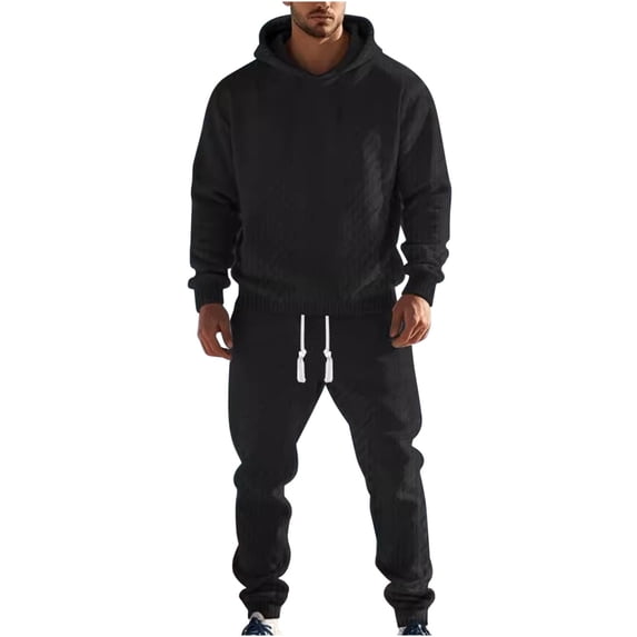 Enjoytime Winter Outfits for Men Solid Color Long Sleeve Hoodies Drawstring Pants Plus Size Two Piece Sets Pullover Active Jogging Sportswear