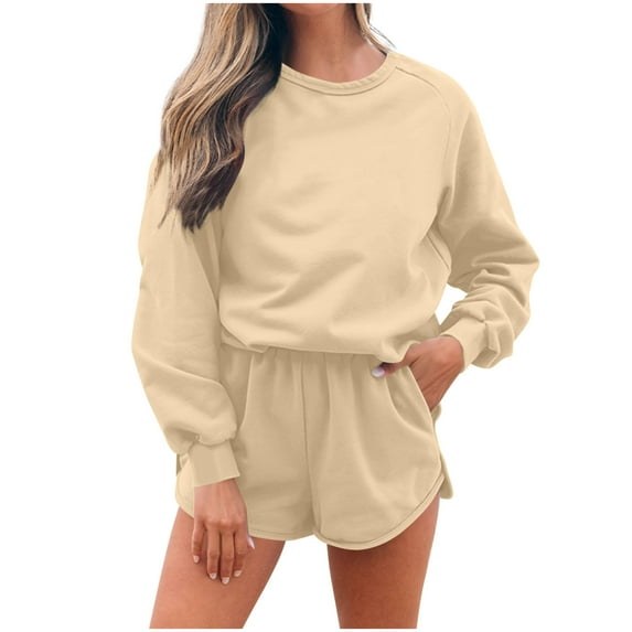 Enjoytime Winter Sets Women 2 Piece Outfits Solid Color Crewneck Long Sleeve Sweatshirt Shorts Loungewear Casual Loose Travel Matching Set Khaki S