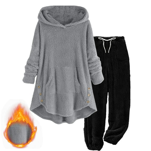 Enjoytime Winter Sets Women 2 Piece Outfits Solid Color Long Sleeve Hoodie Pants Warm Loungewear Casual Loose Plus Size Clothing for Women Black XXL