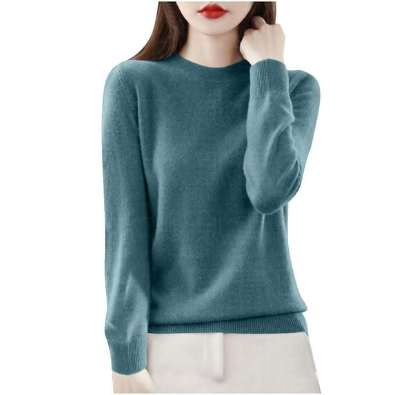 Enjoytime Winter Tops for Women Crewneck Long Sleeve Base Shirts Solid Color Warm Knitted Sweater Business Casual Blouses Navy L