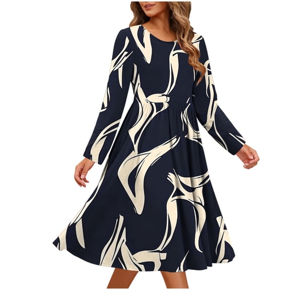 Enjoytime Woman Dress Vintage Printed Round Neck Long Sleeve Midi Dresses Fashion Casual Elegant Spring Dresses