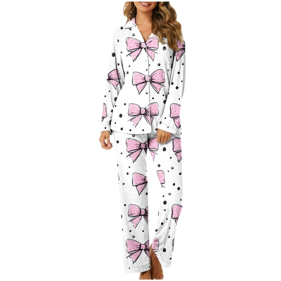 Enjoytime Woman Pajama Set Bow Print Long Sleeve Button Down Sleepwear Tops and Long Pants 2 Piece Sets Casual Cute Plus Size Loungewear