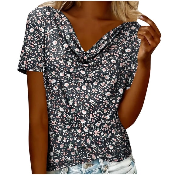 Enjoytime Woman Shirts Vintage Printed V-Neck Short Sleeve Blouses Summer Spring Fashion 2026 Casual Work Tops Black XXL