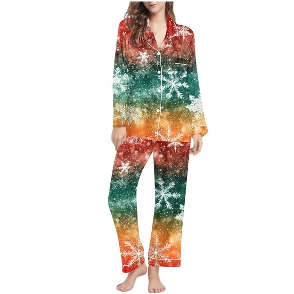 Enjoytime Women 2 Piece Outfits Sets Christmas Printed Lapel Button Down Long Sleeve Tops Pants Winter Sleepwear Comfy Matching Fall Pajamas