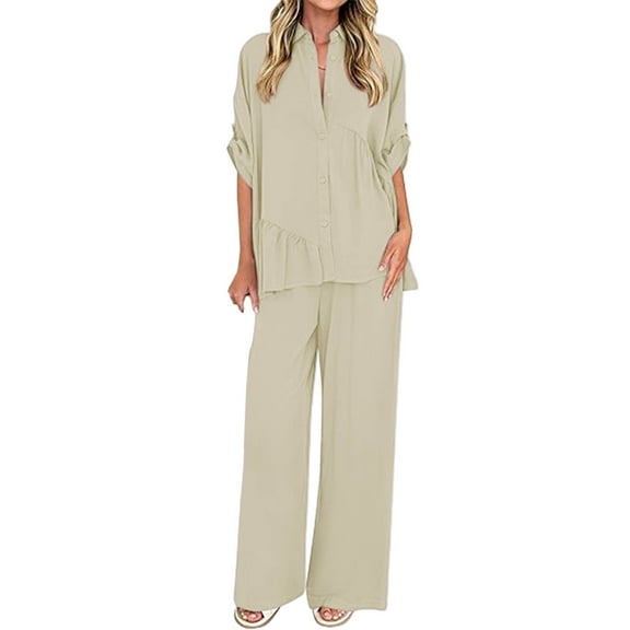 Enjoytime Women 2 Piece Outfits Sets Solid Color 3/4 Sleeve Tops Wide Leg Pants Loungewear Casual Travel Vacation Matching Set Beige XL