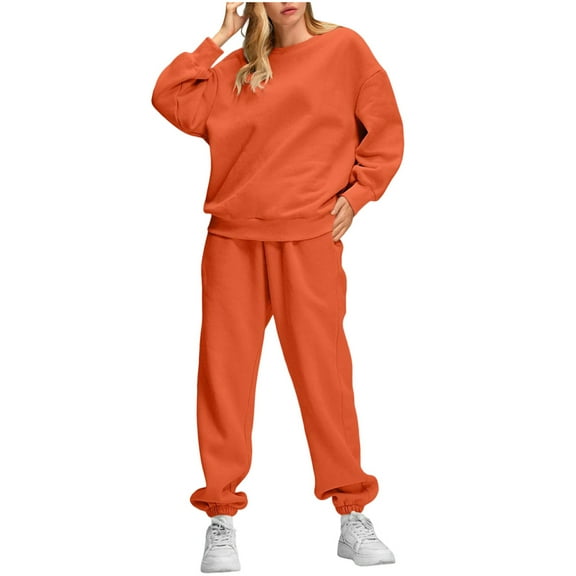 Enjoytime Women 2 Piece Outfits Sets Solid Color Long Sleeve Crewneck Sweatshirt Loose Pants Sweatsuits Fashion Loose Casual Tracksuit Orange XXXL
