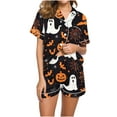 thumbnail image 1 of Enjoytime Women 2 Piece Pajamas Set Pumpkin Ghost Print Short Sleeve Button Down Shirt with Shorts Summer Casual Lounge Set Black C M, 1 of 6
