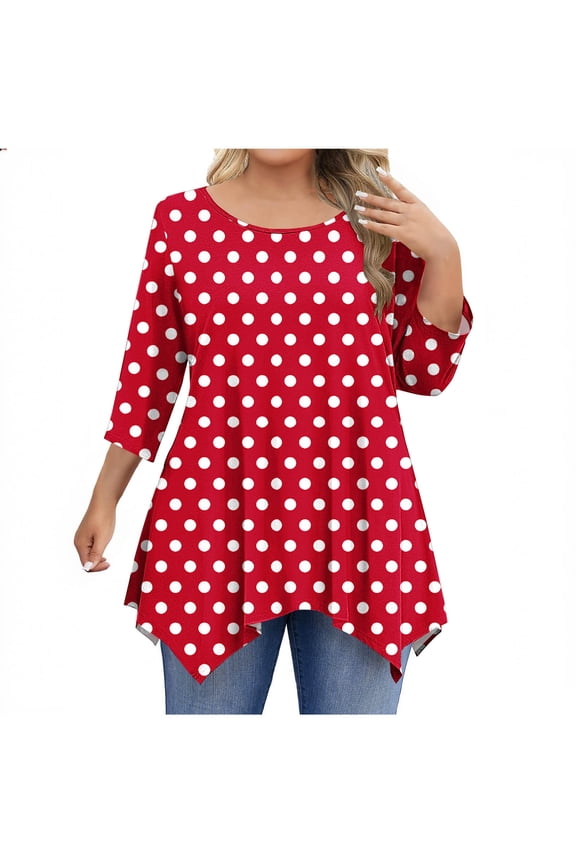 Women Blouses Polka Dots Round Neck 3/4 Sleeve Tops Business Casual Plus Size Shirts for Women Fashion Fall Winter Clothes 2025 Red XXL