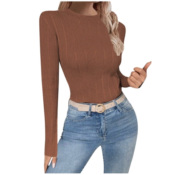 Enjoytime Women Blouses Round Neck Solid Color Long Sleeve Shirts Business Work Casual Basic Tops Fall Winter Fashion Clothing 2025 Coffee S
