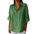 thumbnail image 1 of Enjoytime Women Blouses Solid Color Collared Neck 3/4 Sleeve Button Down Shirts Cotton and Linen Casual Loose Vacation Plus Size Tops Green L, 1 of 5
