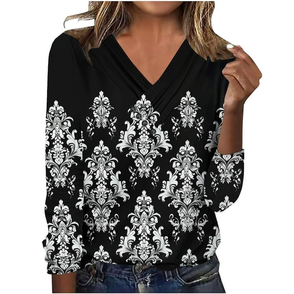 Enjoytime Tops for Women 2025 Vintage Printed V-Neck Long Sleeve Shirts Business Casual Work Blouses Fashion Fall Winter Clothes Black M