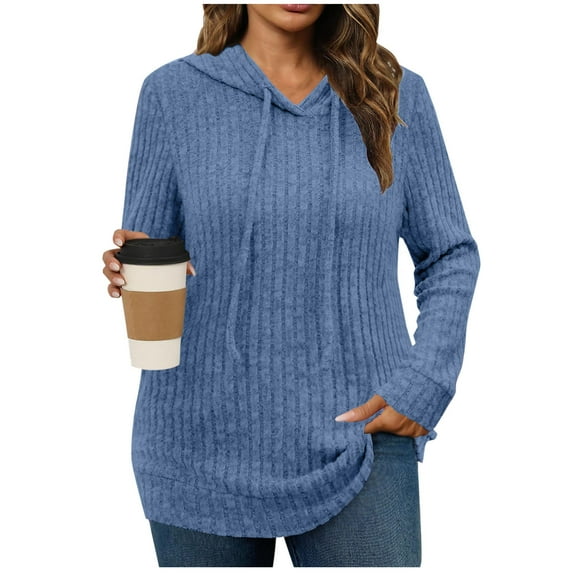 Enjoytime Women Blouses Solid Color Long Sleeve Hooded Tops Stripe Brushed Loose Casual Fall Winter Shirts Blue S