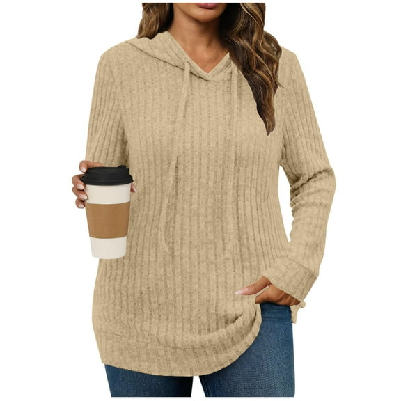 Enjoytime Women Blouses Solid Color Long Sleeve Hooded Tops Stripe Brushed Loose Casual Fall Winter Shirts Khaki S
