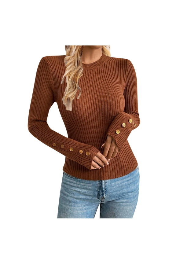 Women Blouses Solid Color Long Sleeve Round Neck Knitted Casual Tops Business Dressy Office Shirts for Women Brown XL