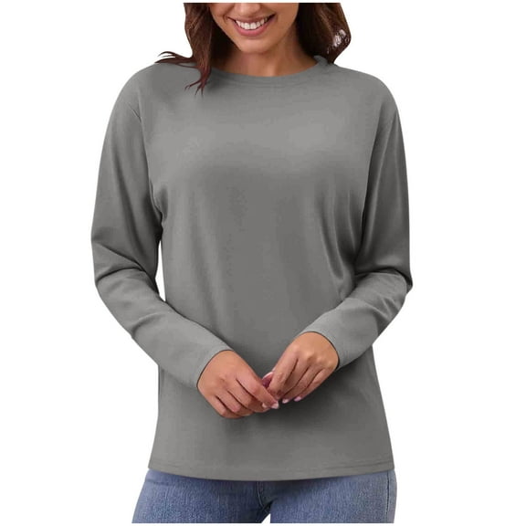 Enjoytime Women Blouses Solid Color Round Neck Long Sleeve Basic Tops Fall Winter Fashion Casual Shirts for Women Gray M