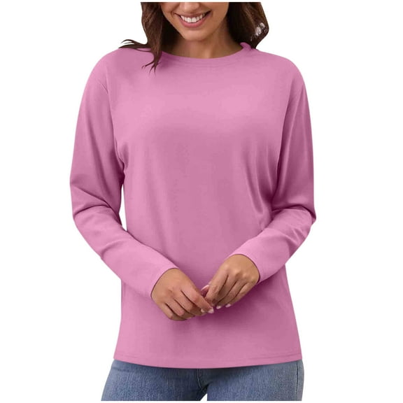 Enjoytime Women Blouses Solid Color Round Neck Long Sleeve Basic Tops Fall Winter Fashion Casual Shirts for Women Pink XL