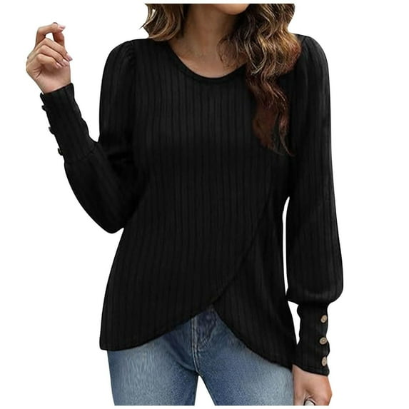Enjoytime Women Blouses Solid Color Round Neck Long Sleeve Shirt Loose Womens Business Casual Tops Trendy Fall Winter Fashion Clothes 2025 Black XL