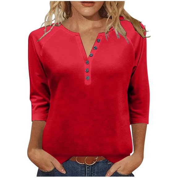 Enjoytime Women Blouses Solid Color V-Neck 3/4 Sleeve Button Down Shirt Dressy Business Casual Work Tops Fashion Plus Size Clothes Red XXXL