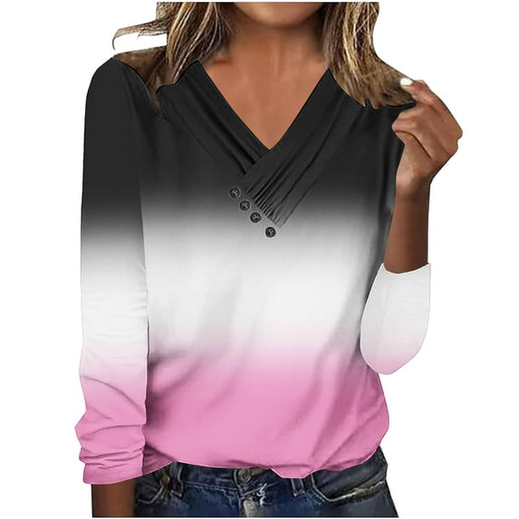 Enjoytime Women Blouses Trendy Fashion Printed V-Neck Long Sleeve Work Shirts Long Sleeve Dressy Business Casual Tops Pink S
