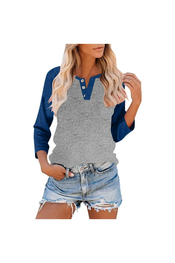 Women Button Down Shirt Patchwork V Neck 3/4 Sleeve Tops Business Casual Work Summer Blouses