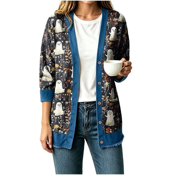 Enjoytime Women Cardigan Halloween Print Denim Patchwork Long Sleeve Jacket Button Down Oversized Fall Winter Outerwear
