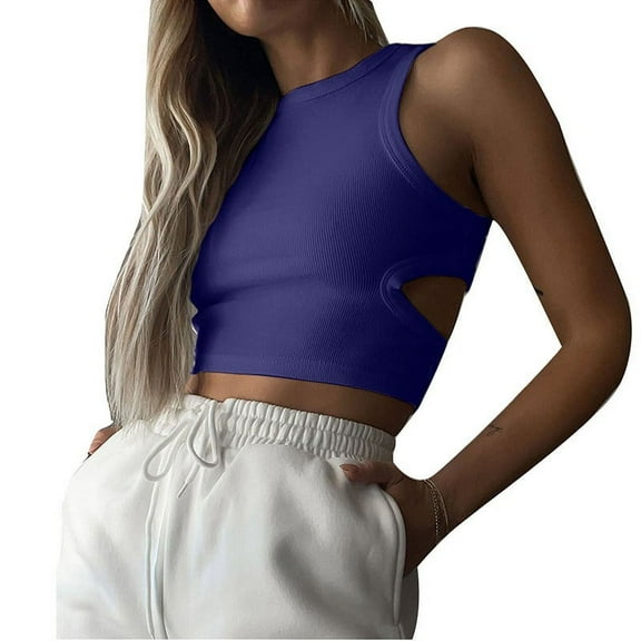 Enjoytime Women Crop Summer Outfits 2024 Solid Color Crewneck Sleeveless Knitted Sports Vest Basic Hollow Out Stretch Exercise Yoga Running Women's Short Top