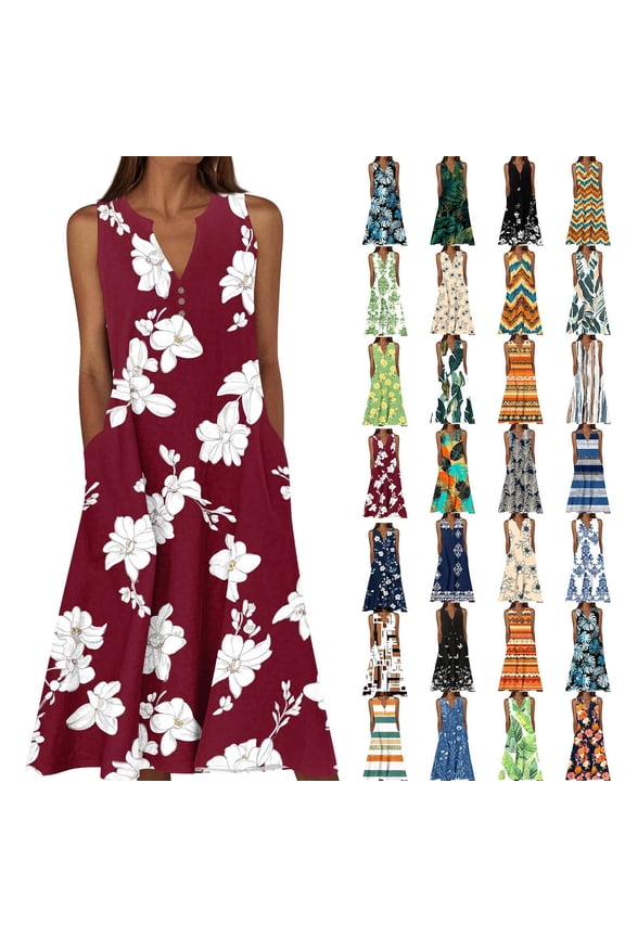 Women Dresses Print V-Neck Sleeveless Midi Dress Summer Casual Beach Vacation Boho Sundresses