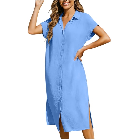 Enjoytime Women Dresses Solid Color Collar V Neck Button Down Midi Dress Beach Vocation Casual Long Sleeve Plus Size Dress