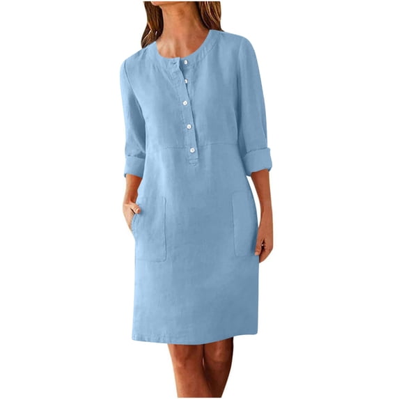 Enjoytime Women Dresses Solid Color Crewneck Long Sleeve Short Dress Fashion Button Down Business Office Casual Plus Size Dress Blue XXL