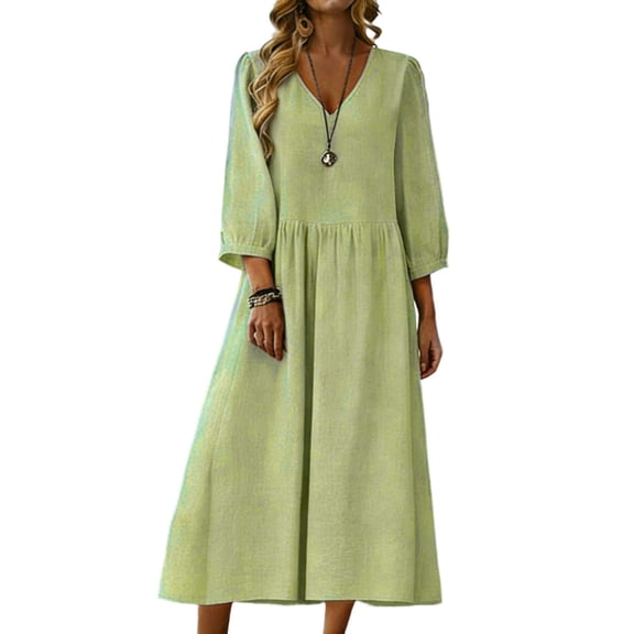 Enjoytime Women Dresses Solid Color V-Neck 3/4 Sleeve Long Dress Spring Summer Beach Vacation Casual Dress 2026