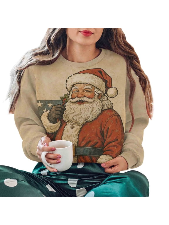 Women Fall Clothes Christmas Vintage Printed Crewneck Long Sleeve Tops Winter Casual Comfy Oversized Sweatshirts Beige XXXL
