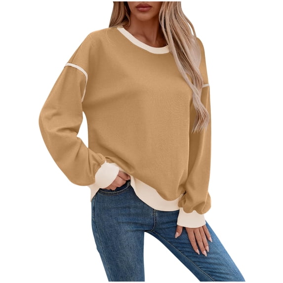 Enjoytime Women Fall Clothes Patchwork Casual Long Sleeve Crewneck Sweatshirts Winter Casual Loose Pullover Tops