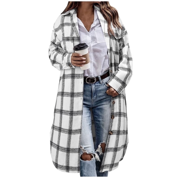 Enjoytime Women Fall Clothes Plaid Printed Long Sleeve Button Down Jacket Winter Warm Casual Outerwear Fall Coat