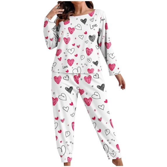 Enjoytime Women Fall Clothes Printed Crewneck Long Sleeve Tops Sleepwear Comfy Pants Loungewear Soft Casual 2 Piece Pajama Set Plus Size Winter Outfits