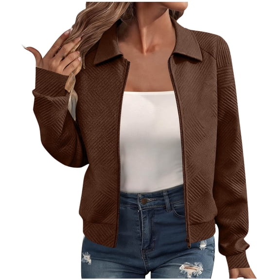 Enjoytime Women Fall Clothes Solid Color Turndown Neck Long Sleeve Zip Up Jacket Casual Outerwear Fashion Cropped Coat Brown XL