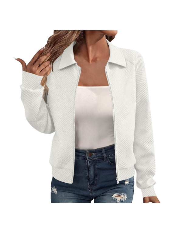 Women Fall Clothes Solid Color Turndown Neck Long Sleeve Zip Up Jacket Casual Outerwear Fashion Cropped Coat White L