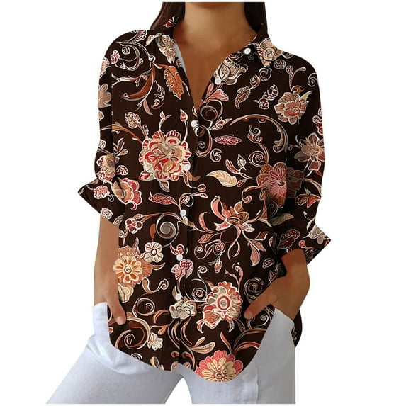 Enjoytime Women Fall Clothes Vintage Printed Long Sleeve Collared Blouse Business Office Work Button Down Shirt Fashion Casual Plus Size Fall Tops