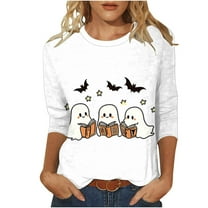 Enjoytime Women Fall Halloween Doodles Crew Neck Shirt Family Party Celebration 3/4 Sleeve Tops Plus Size Blouses for Women