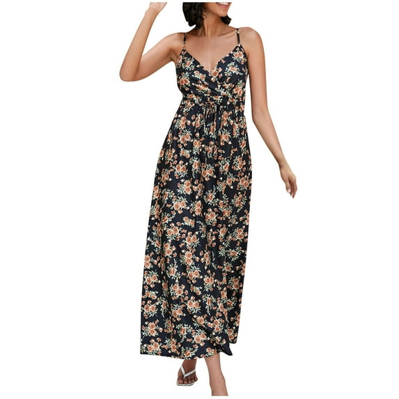 Enjoytime Women Fashion Dresses 2024 Vintage Classic V-Neck Spaghetti Strap Dress Floral Printed Waist Wrap A-Line Womens Casual Midi Dress