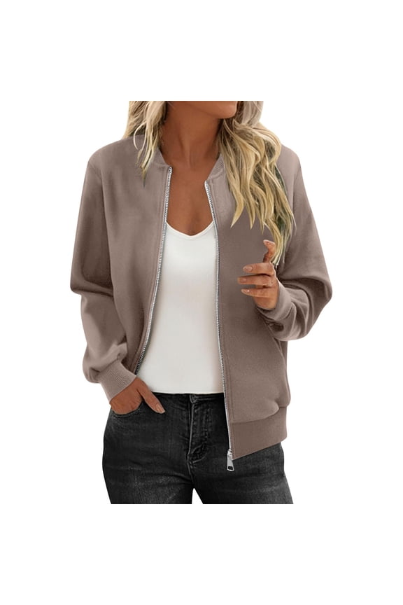 Women Jacket Solid Color Lightweight Cropped Zipper Coat Fall Winter Fashion Long Sleeve Casual Outerwear Khaki L