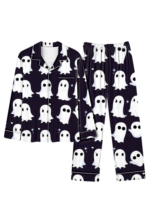 Women Lounge Set 2 Piece Long Sleeve Button Down Shirts and Lounge Pants Ghost Print 2 Piece Loungewear Plus Size Sets