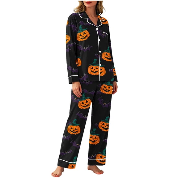 Enjoytime Women Matching Halloween Sleepwear Set Long Sleeve Button Shirts and Pants Pumpkin Print Loungewear Fall Winter 2 Piece Pajama Set