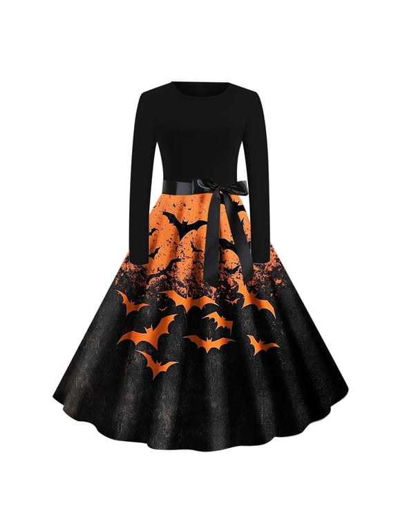 Women Midi Dress Halloween Printed Crew Neck Long Sleeve A-Line Dresses Gothic Clothes Garden Party Dress